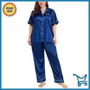 Plus Size Satin Pajama Set Short Sleeve Shirt Full Length Pants Sleepwear
